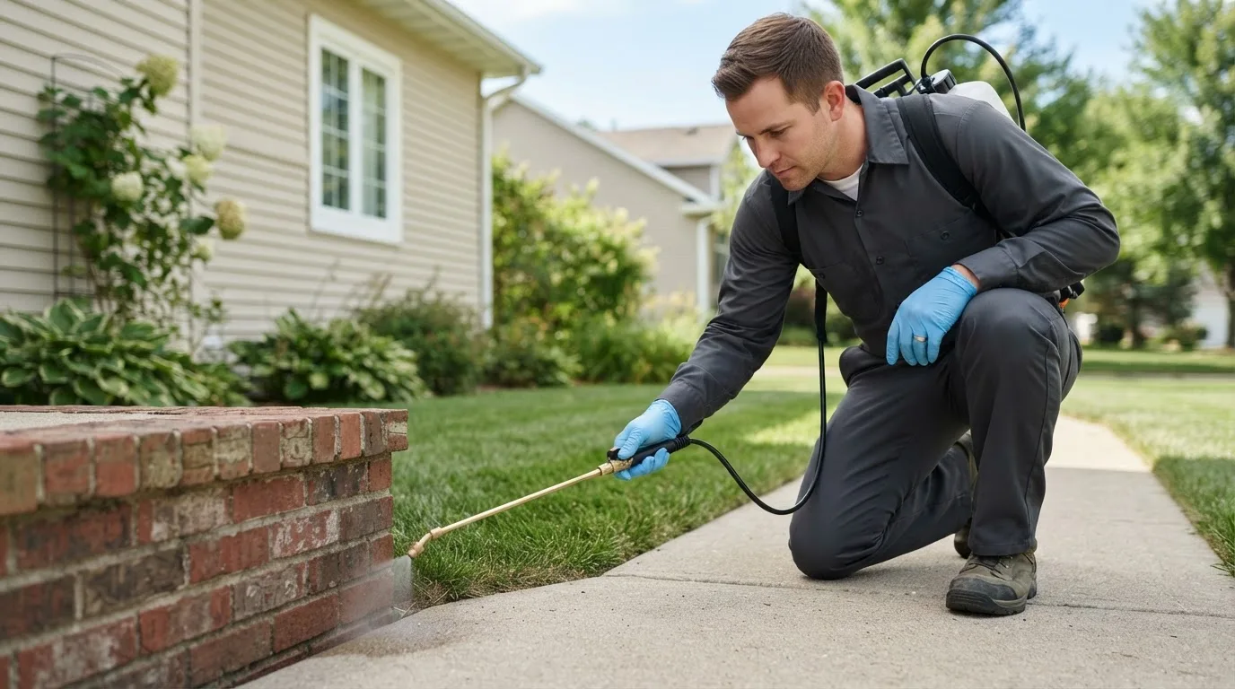 Pest control technician treating a home near Belleville, WI